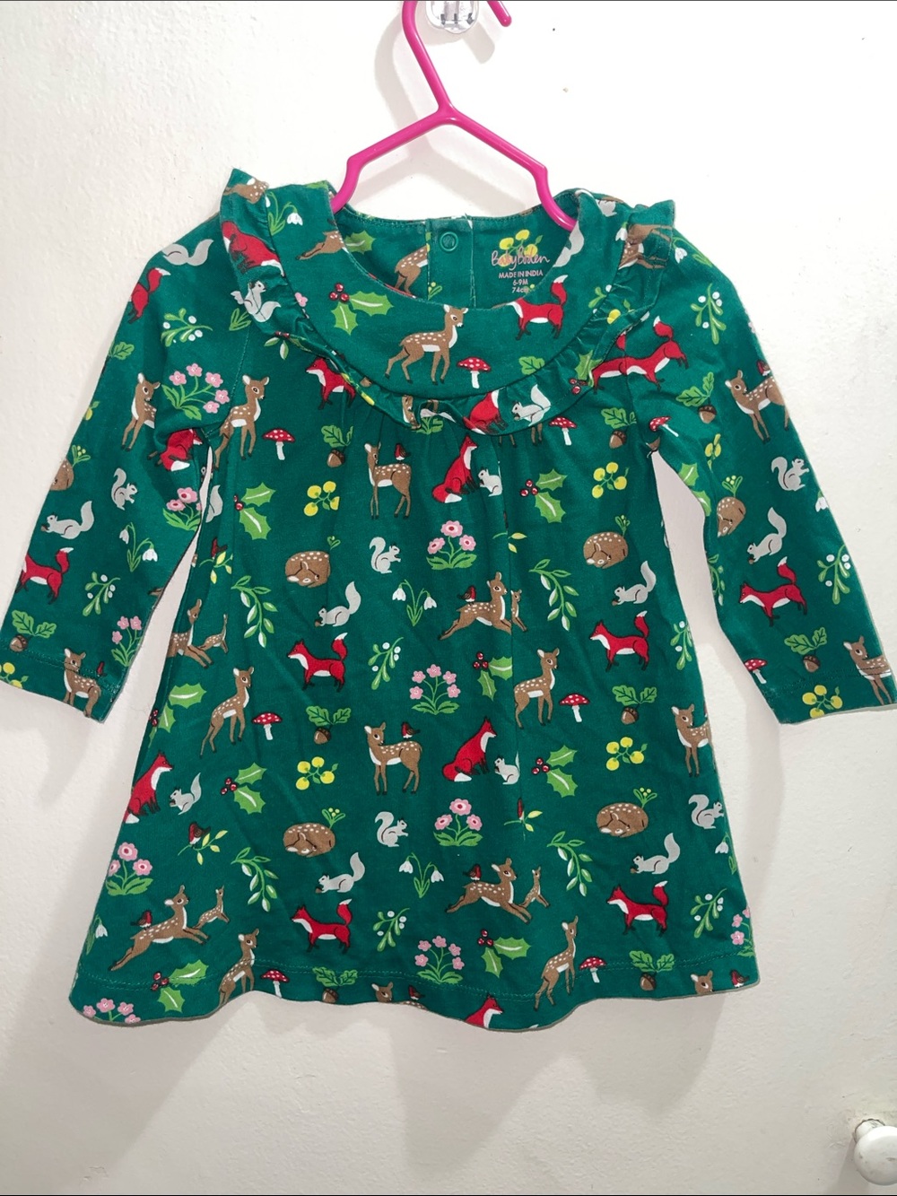Baby Boden Green Woodland Animal Ruffle Dress Christmas Holiday